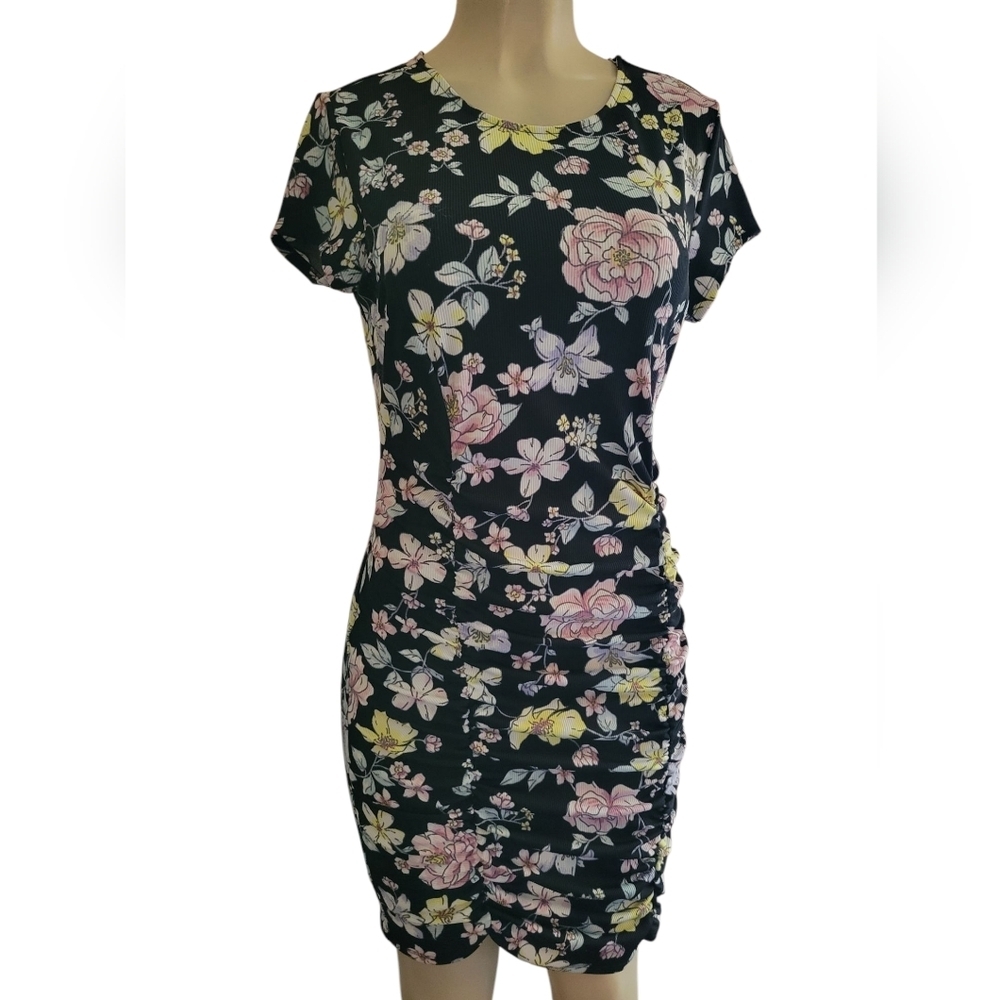 Planet Gold Black Ruched Floral Dress Large Summer Spring Easter